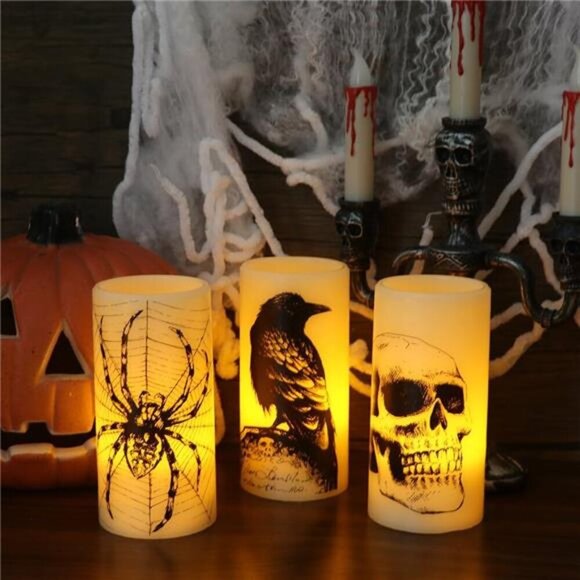 Halloween Flickering Candles with Skull, Spider Web, Crow Raven Decals Set of 3 - Picture 3 of 7